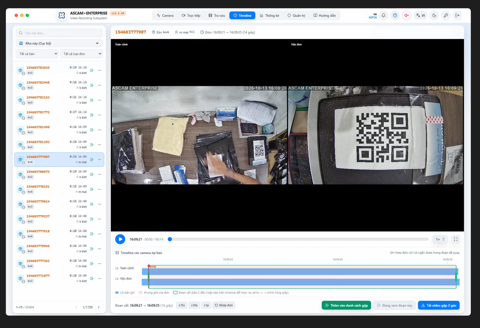 Ghi hình liên tục 24/7 Timeline và cắt đoạn video trực quan