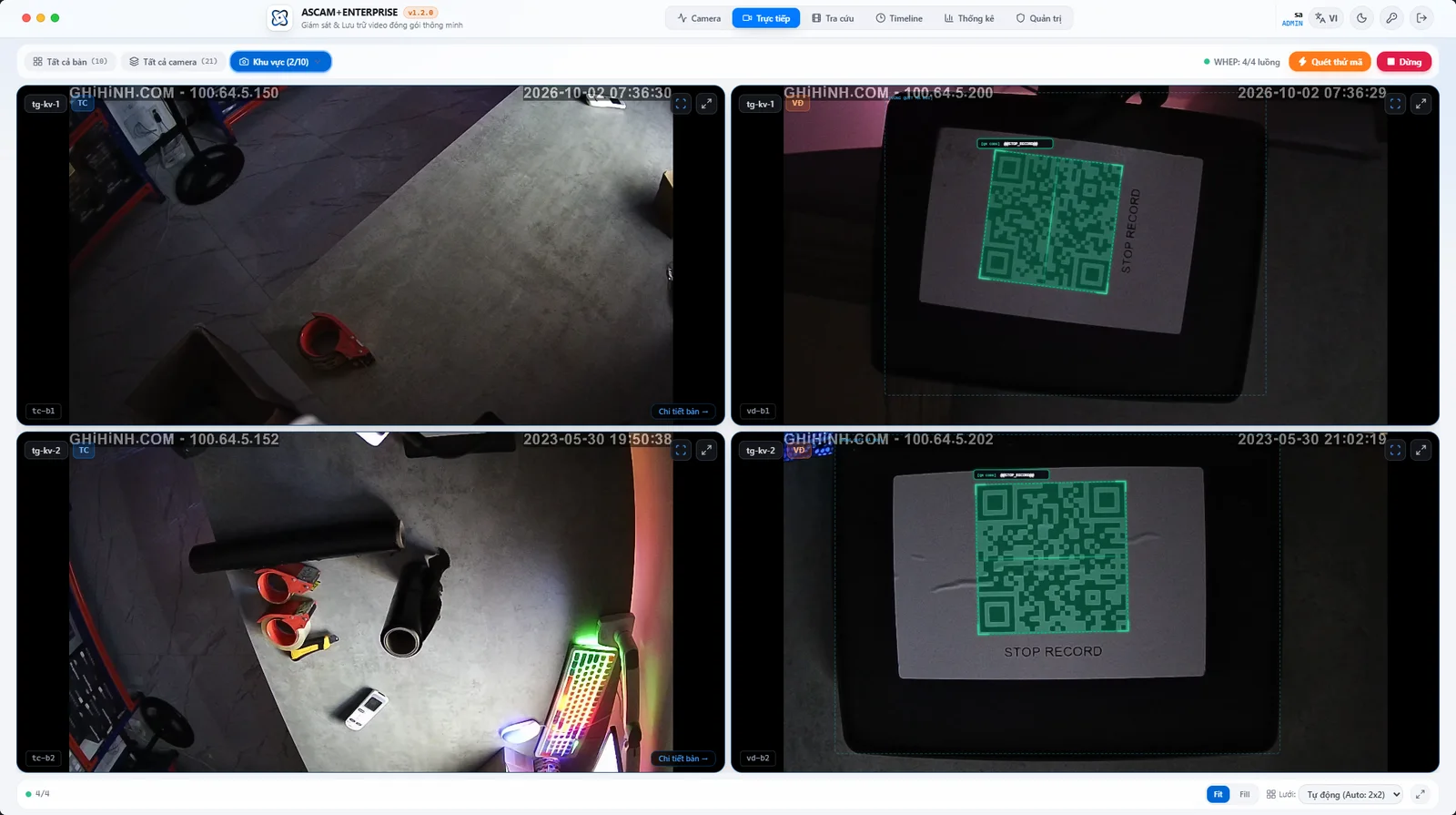Xem trực tiếp đa camera WHEP ASCAM V12 nhận diện QR AI đóng dấu GHIHINH.COM